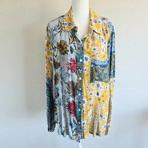Umgee Boho Floral Blouse Button Up Patchwork Cottagecore Oversize Women's Size L